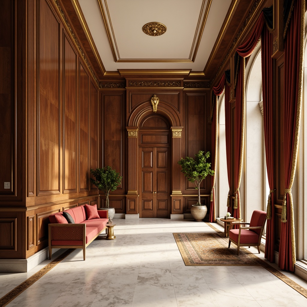 Prompt: Elegant interior, rich wood paneling, ornate moldings, polished marble floors, gilded accents, luxurious velvet fabrics, intricate carvings, cream-colored walls, subtle archways, refined pilasters, ornamental plasterwork, soft warm lighting, subtle shading, 3/4 composition, realistic textures, ambient occlusion.