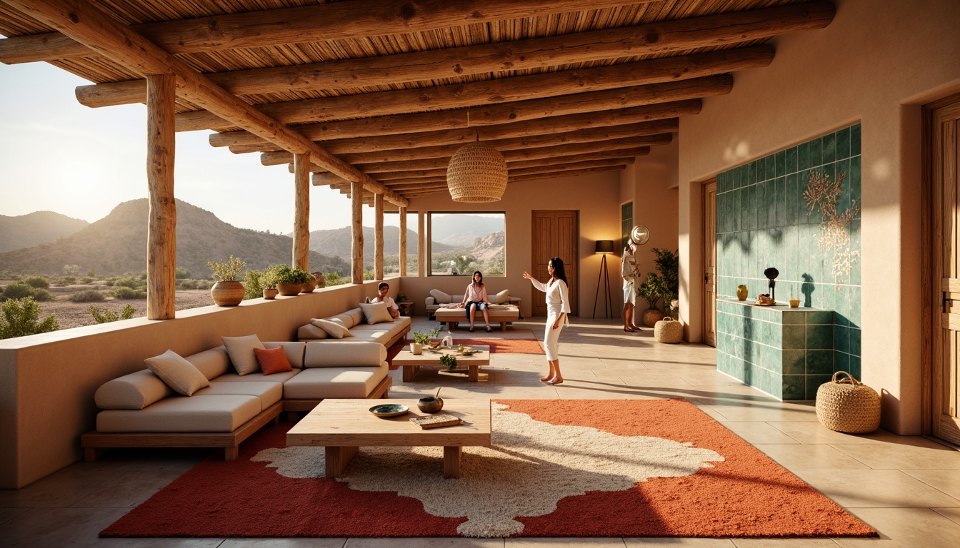 Prompt: Earthy southwestern interior, warm beige walls, rustic wooden accents, turquoise decorative tiles, sandy dunes-inspired carpeting, vibrant red and orange hues, natural linen upholstery, woven basket lighting fixtures, desert landscape views, abundant sunlight, soft warm glow, shallow depth of field, 3/4 composition, panoramic view, realistic textures, ambient occlusion.