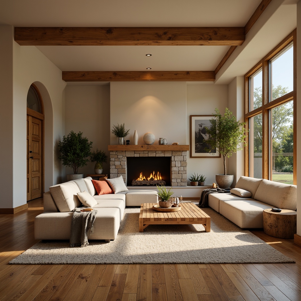 Prompt: Cozy family room, warm earthy tones, comfortable seating, soft cushions, natural stone fireplace, wooden coffee table, plush area rug, cream-colored walls, ambient lighting, warm beige flooring, hardwood planks, rustic oak wood, distressed finish, matte texture, subtle grain pattern, 1/1 composition, shallow depth of field, softbox lighting, realistic reflections.