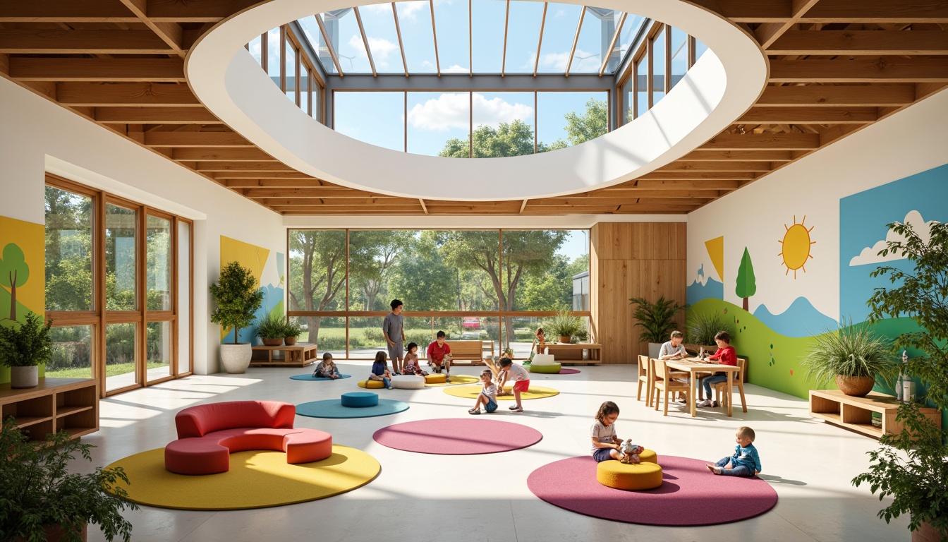 Prompt: \Vibrant kindergarten interior, modern minimalist architecture, large windows, clerestory windows, skylights, transparent glass doors, open floor plan, light-filled corridors, soft warm lighting, natural wood accents, colorful educational murals, playful kid-friendly furniture, curved lines, circular shapes, pastel color palette, textured carpets, comfortable reading nooks, built-in shelving units, wooden ceiling beams, natural stone flooring, green walls, indoor plants, sunny day, shallow depth of field, 1/1 composition, realistic textures, ambient occlusion.\