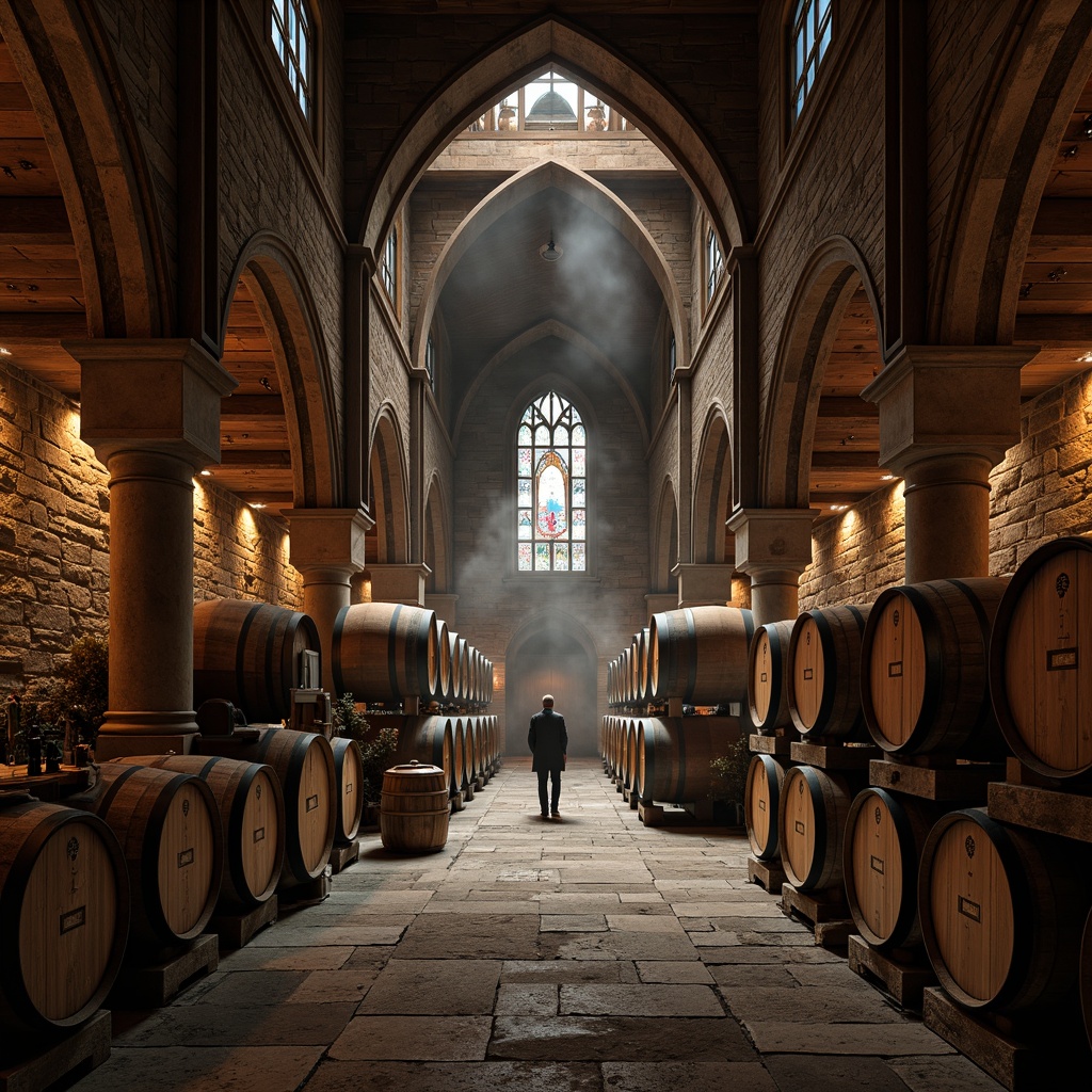 Prompt: Grand wine cellar, vaulted ceilings, Gothic arches, stone walls, wooden barrels, rustic charm, dim warm lighting, rich wood tones, ornate metalwork, stained glass windows, ancient artifacts, mystical ambiance, eerie shadows, dramatic spotlights, symmetrical composition, low-angle shot, cinematic mood, atmospheric fog, mysterious atmosphere.