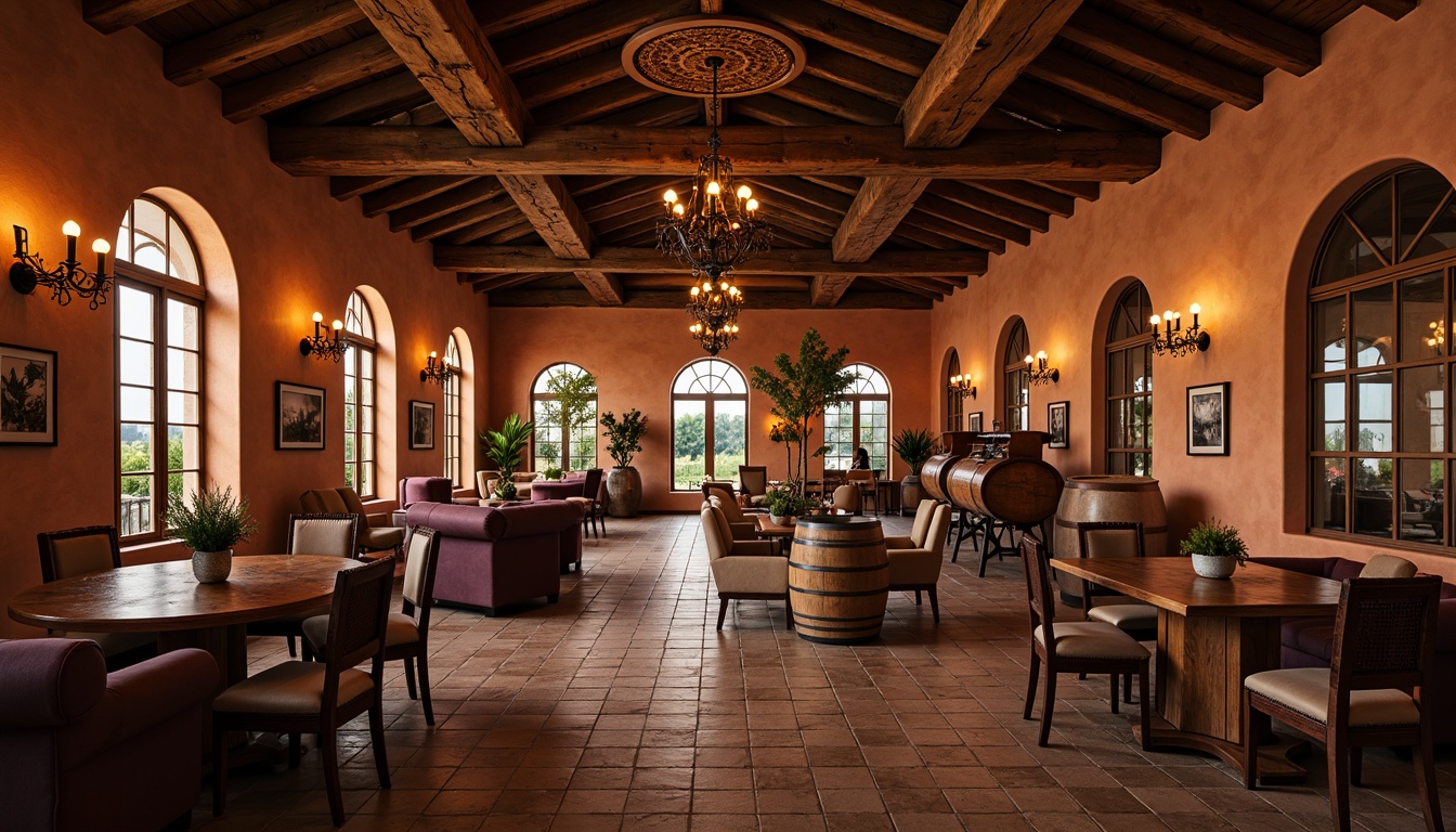 Prompt: Rich winery interior, earthy tones, warm terracotta walls, rustic wooden accents, dimly lit ambiance, cozy atmosphere, soft golden lighting, wine barrel decorations, grapevine-inspired patterns, natural stone floors, reclaimed wood ceilings, vintage metal lanterns, elegant chandeliers, sophisticated color scheme, nuanced beige undertones, deep plum highlights, rich mahogany furniture, luxurious velvet textures, intimate seating areas, expansive tasting rooms, scenic vineyard views, soft focus photography, 1/2 composition, warm color grading.