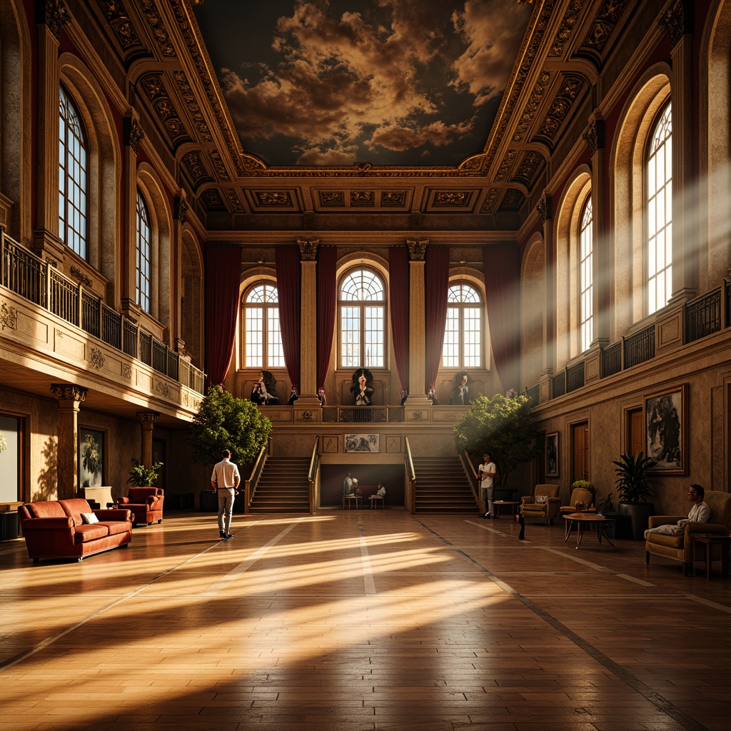 Prompt: Ornate gymnasium, richly textured walls, lavish wooden floors, intricately carved paneling, gilded accents, crystal chandeliers, grandiose staircases, majestic columns, opulent furnishings, velvet drapes, marble statues, frescoed ceilings, warm golden lighting, dramatic shadows, 3/4 composition, low-angle shot, cinematic atmosphere, realistic reflections.