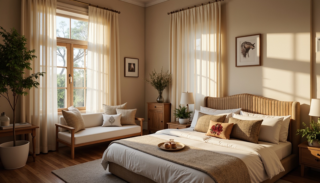 Prompt: Cozy bedroom, soft warm lighting, calming atmosphere, serene color palette, gentle hues, soothing shades, creamy whites, pale blues, muted greens, warm beiges, rich wood tones, plush fabrics, comfortable textiles, relaxing ambiance, peaceful retreat, subtle patterns, natural materials, earthy undertones, intimate setting, quiet sanctuary.