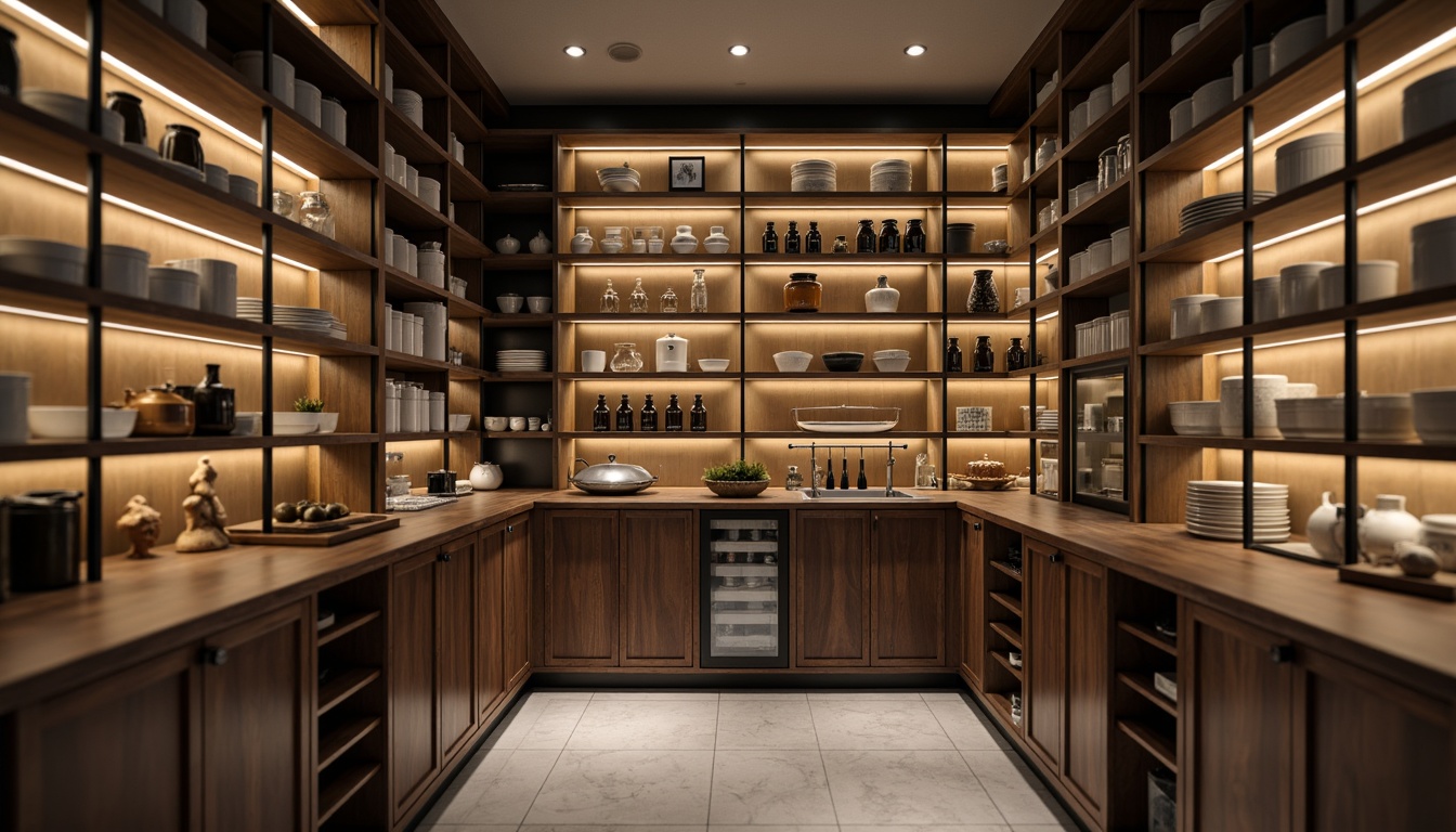 Prompt: Modern pantry interior, sleek shelving units, minimalist design, polished metal frames, glass shelves, wooden accents, contemporary cabinetry, soft warm lighting, shallow depth of field, 3/4 composition, realistic textures, ambient occlusion, stylish decorative jars, kitchen utensils display, open storage concept, wall-mounted shelves, floor-to-ceiling storage, geometric patterns, matte black hardware, chrome finishes, luxurious pantry organization.