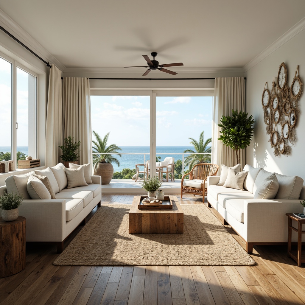 Prompt: Serene coastal living room, comfortable sofas, plush cushions, driftwood coffee tables, woven rattan armchairs, natural fiber rugs, distressed wood flooring, calming ocean views, large windows, sliding glass doors, beachy color palette, soft blue hues, creamy whites, sandy neutrals, coral accents, nautical decorative items, vintage fishing nets, sea shell displays, potted palm trees, refreshing sea breeze, warm sunny lighting, shallow depth of field, 1/2 composition, realistic textures, ambient occlusion.