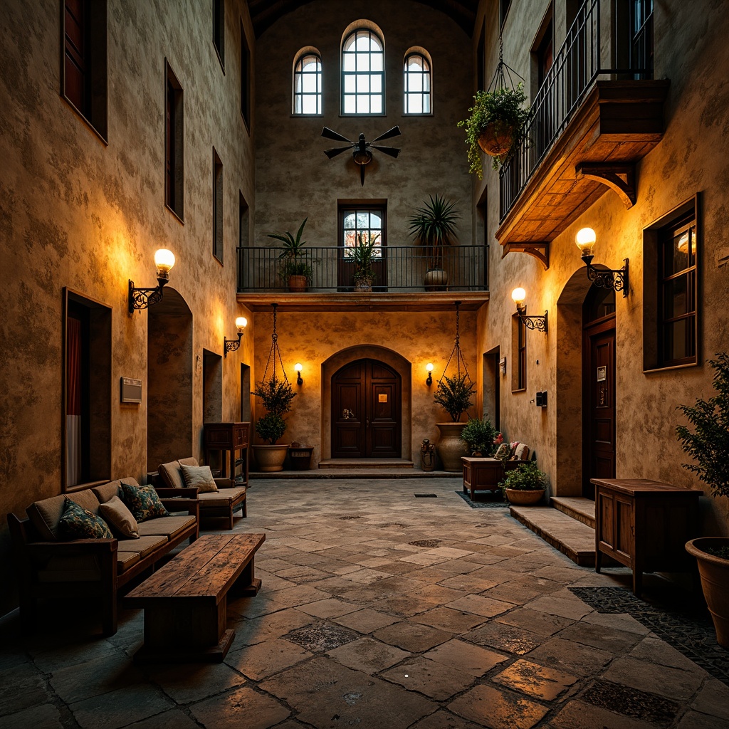 Prompt: Rustic monastery courtyard, warm candlelight, soft golden glow, distressed stone walls, worn wooden benches, faded frescoes, ornate metal lanterns, vintage chandeliers, dimly lit corridors, arched windows, stained glass accents, subtle color palette, earthy tones, natural textures, rich velvet drapes, antique furniture pieces, intricate carvings, mysterious ambiance, low-key lighting, cinematic shadows, 1/2 composition, warm color temperature, soft focus, realistic render.