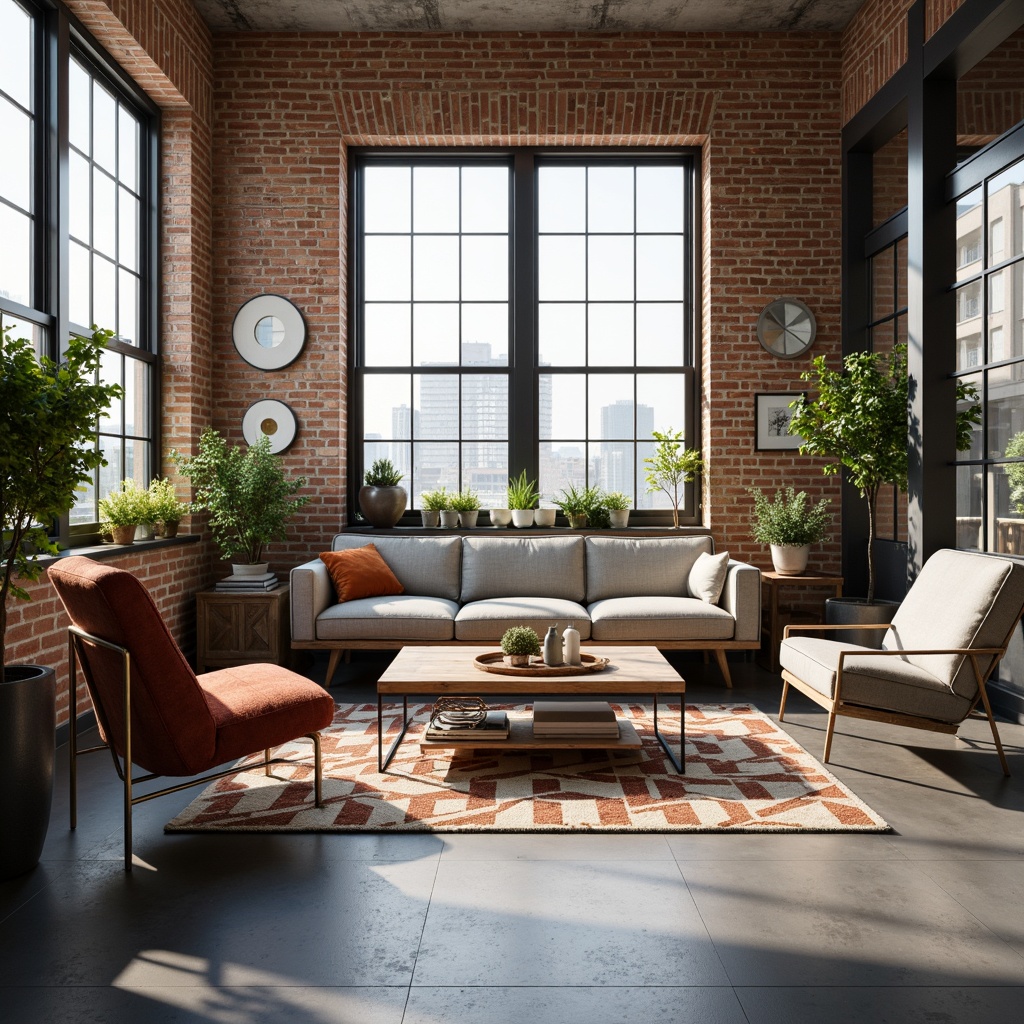 Prompt: Mid-century modern living room, sleek low-profile sofa, reclaimed wood coffee table, industrial metal legs, plush velvet armchair, geometric patterned rug, minimalist decor, natural light pouring in, large windows, urban loft atmosphere, exposed brick walls, polished concrete floor, warm ambient lighting, 1/2 composition, shallow depth of field, realistic textures.