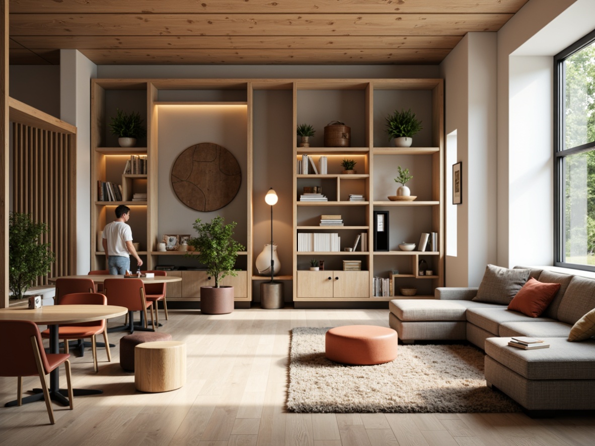 Prompt: Cozy student lounge, minimalist decor, functional furniture, space-saving designs, compact shelving units, sleek desks, ergonomic chairs, plush area rugs, calming color schemes, natural wood accents, softbox lighting, 1/1 composition, intimate atmosphere, realistic textures, ambient occlusion.