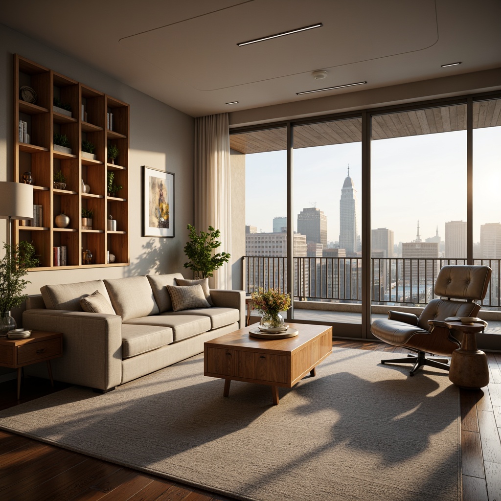 Prompt: Cozy living room, plush sofas, wooden coffee table, floor lamps, soft carpeting, calming color palette, minimal ornamentation, functional shelving units, ergonomic chair design, ample natural light, sliding glass doors, balcony access, urban cityscape view, gentle afternoon sun, warm ambient lighting, shallow depth of field, 1/1 composition, realistic textures, subtle shadows.