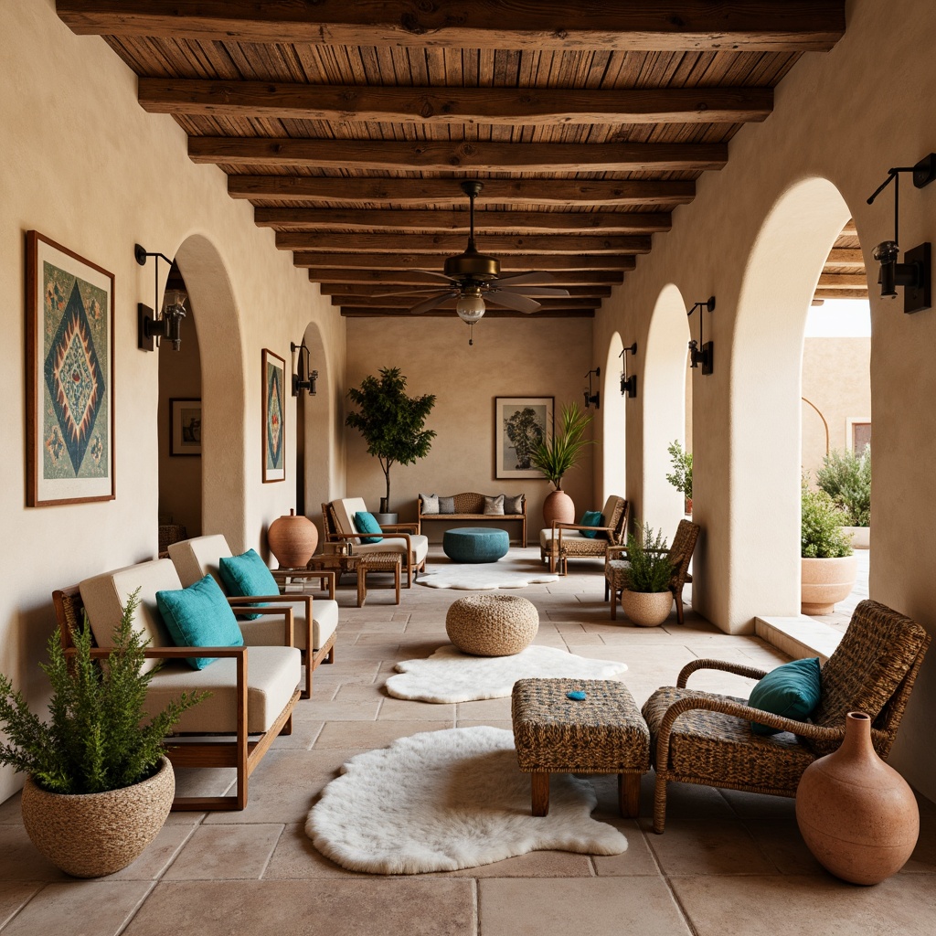 Prompt: Earthy southwestern interior, warm beige stucco walls, rustic wooden beams, natural stone flooring, woven wicker furniture, vibrant turquoise accents, patterned Navajo-inspired textiles, plush sheepskin rugs, distressed leather armchairs, bronze metal fixtures, reclaimed wood decorative elements, clay pottery vases, desert botanicals, soft warm lighting, shallow depth of field, 3/4 composition, panoramic view, realistic textures, ambient occlusion.