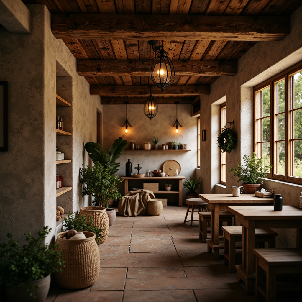 Prompt: Rustic farmhouse interior, warm soft lighting, vintage metal lanterns, distressed wood beams, natural stone walls, earthy color palette, cozy atmosphere, pendant lamps, candlelight, rustic wooden tables, woven baskets, potted greenery, linen textiles, soft warm glow, shallow depth of field, 1/1 composition, realistic textures, ambient occlusion.