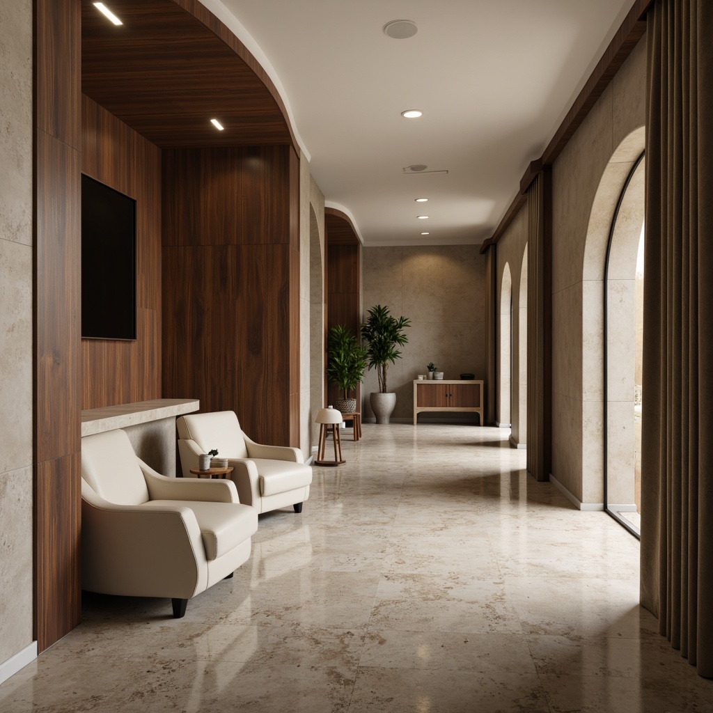 Prompt: Monochromatic modern interior, sleek lines, curved shapes, minimal ornamentation, polished chrome accents, rich walnut wood tones, cream-colored leather upholstery, soft gray marble floors, warm beige walls, subtle texture contrasts, ambient lighting, 1/1 composition, realistic reflections, shallow depth of field, cinematic atmosphere.