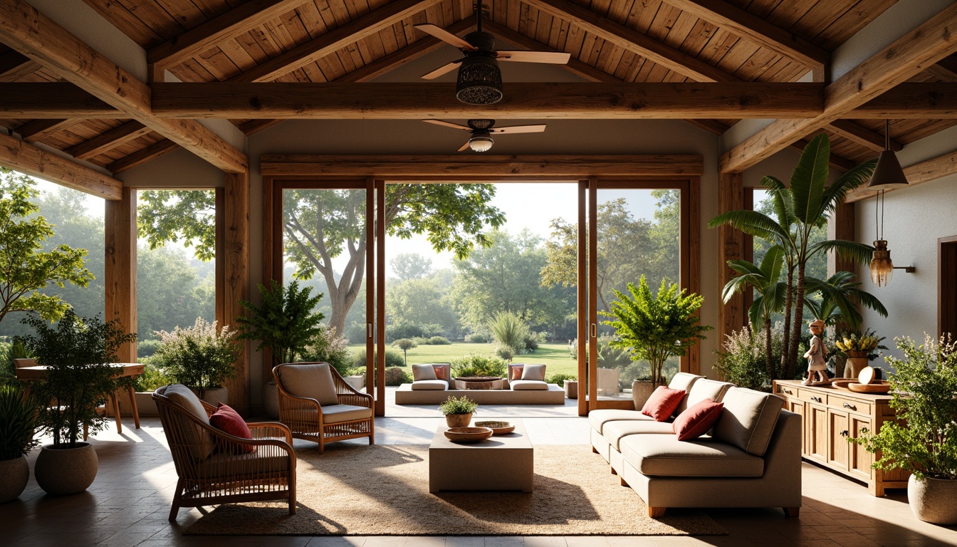 Prompt: Rustic farmhouse, open layout, high ceilings, wooden beams, natural materials, woven textiles, rattan furniture, lush greenery, tropical plants, vibrant flowers, warm lighting, soft shadows, shallow depth of field, 3/4 composition, panoramic view, realistic textures, ambient occlusion, cozy nooks, vintage decorative items, earthy color palette, distressed wood accents, natural stone walls, reclaimed wood floors, sliding glass doors, expansive outdoor spaces, serene ambiance, sunny day.