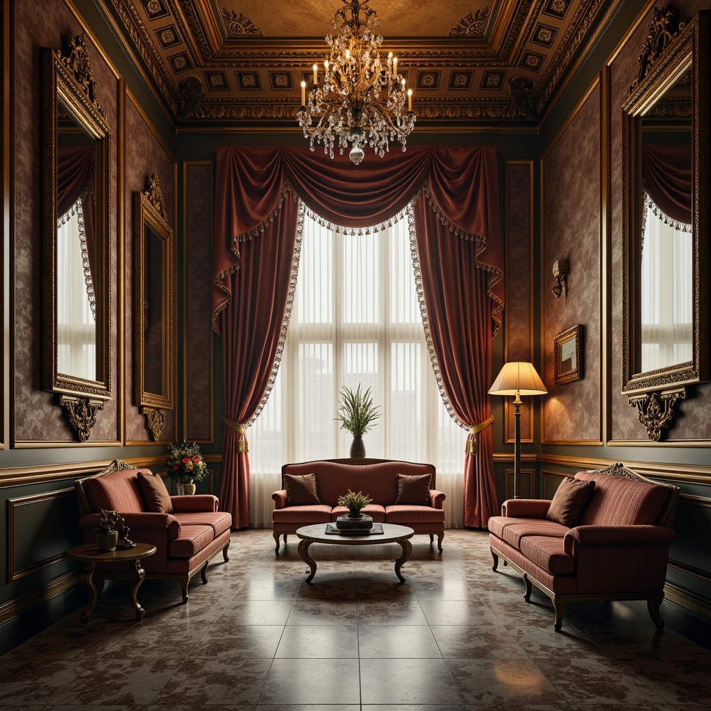 Prompt: Ornate mirrors, polished marble floors, intricately carved wooden paneling, gilded frames, luxurious velvet drapes, ornamental plasterwork, crystal chandeliers, richly upholstered furniture, subtle sheen on metal accents, soft warm lighting, atmospheric fog, cinematic composition, 1/1 aspect ratio, detailed textures, ambient occlusion.