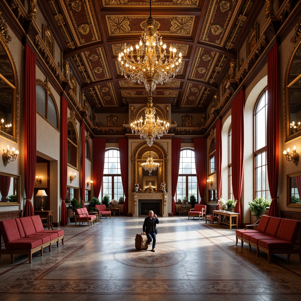 Prompt: Ornate gymnasium, grand chandeliers, rich wood tones, velvet upholstery, gilded accents, intricate carvings, heavy drapery, marble flooring, ornamental mirrors, antique furniture pieces, luxurious textiles, regal color palette, dramatic lighting, high ceilings, sweeping archways, majestic columns, opulent decorations, 3/4 composition, warm soft focus, realistic reflections.