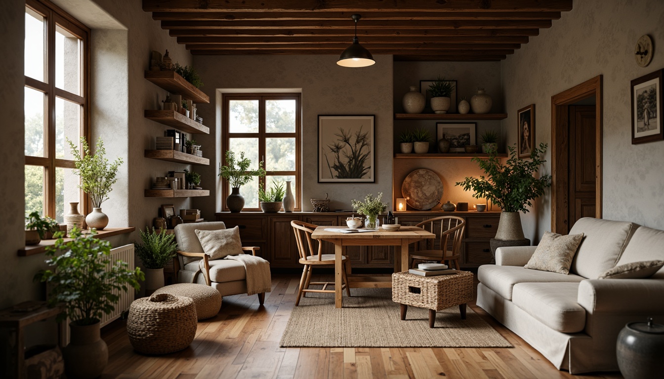 Prompt: Rustic farmhouse interior, vintage wooden furniture, distressed finishes, earthy color palette, natural fabrics, linen upholstery, woven baskets, ceramic vases, potted greenery, antique metalware, candlelight ambiance, soft warm lighting, shallow depth of field, 1/1 composition, realistic textures, ambient occlusion.