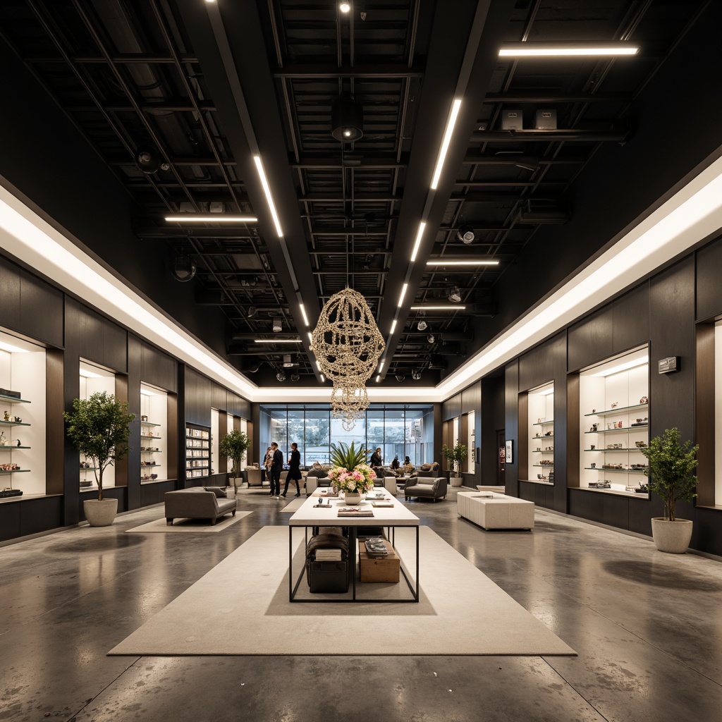 Prompt: Modern retail interior, sleek minimalism, polished concrete floors, matte black fixtures, LED strip lighting, warm white ambiance, cozy corners, geometric shelving, metallic accents, glass displays, futuristic chandeliers, soft box lighting, subtle color changing effects, 1/1 composition, high contrast ratio, shallow depth of field, realistic reflections.