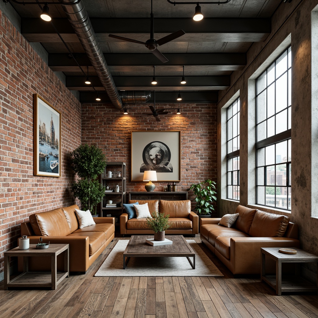 Prompt: Exposed brick walls, metal beams, reclaimed wood flooring, industrial-chic lighting fixtures, vintage factory windows, distressed leather sofas, metallic coffee tables, urban-inspired artwork, concrete accents, minimalist decor, functional shelving units, modern industrial-style fans, exposed ductwork, raw concrete columns, dimmable track lighting, 1/2 composition, soft box lighting, cinematic color grading.