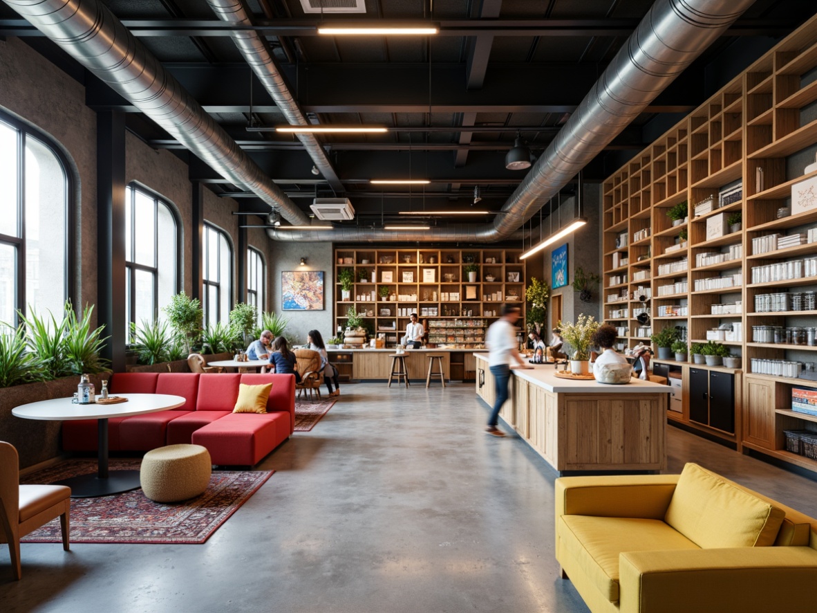 Prompt: Modern market interior, industrial chic decor, exposed ductwork, polished concrete floors, reclaimed wood accents, steel beams, minimalist shelving, contemporary lighting fixtures, geometric patterns, vibrant color scheme, eclectic furniture, lively atmosphere, shallow depth of field, 1/2 composition, softbox lighting, realistic textures, ambient occlusion.