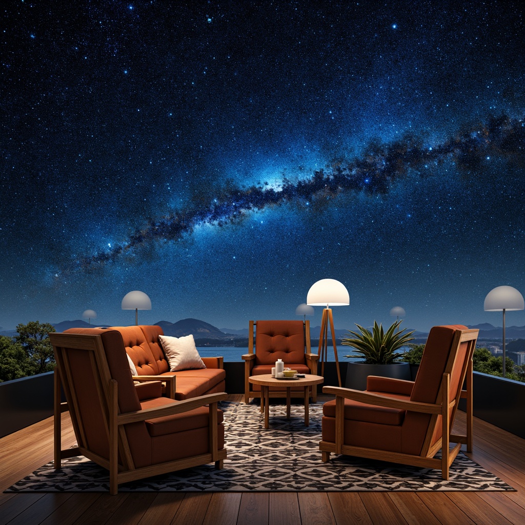 Prompt: Celestial planetarium, stargazing ambiance, mid-century modern furniture, sleek wooden chairs, tufted velvet sofas, geometric patterned rugs, brass accents, minimalist coffee tables, rounded retro-shaped lamps, starry night sky, soft blue lighting, 3/4 composition, shallow depth of field, realistic textures, ambient occlusion, walnut wood tones, comfortable seating areas, conversational furniture layouts, intimate social spaces.