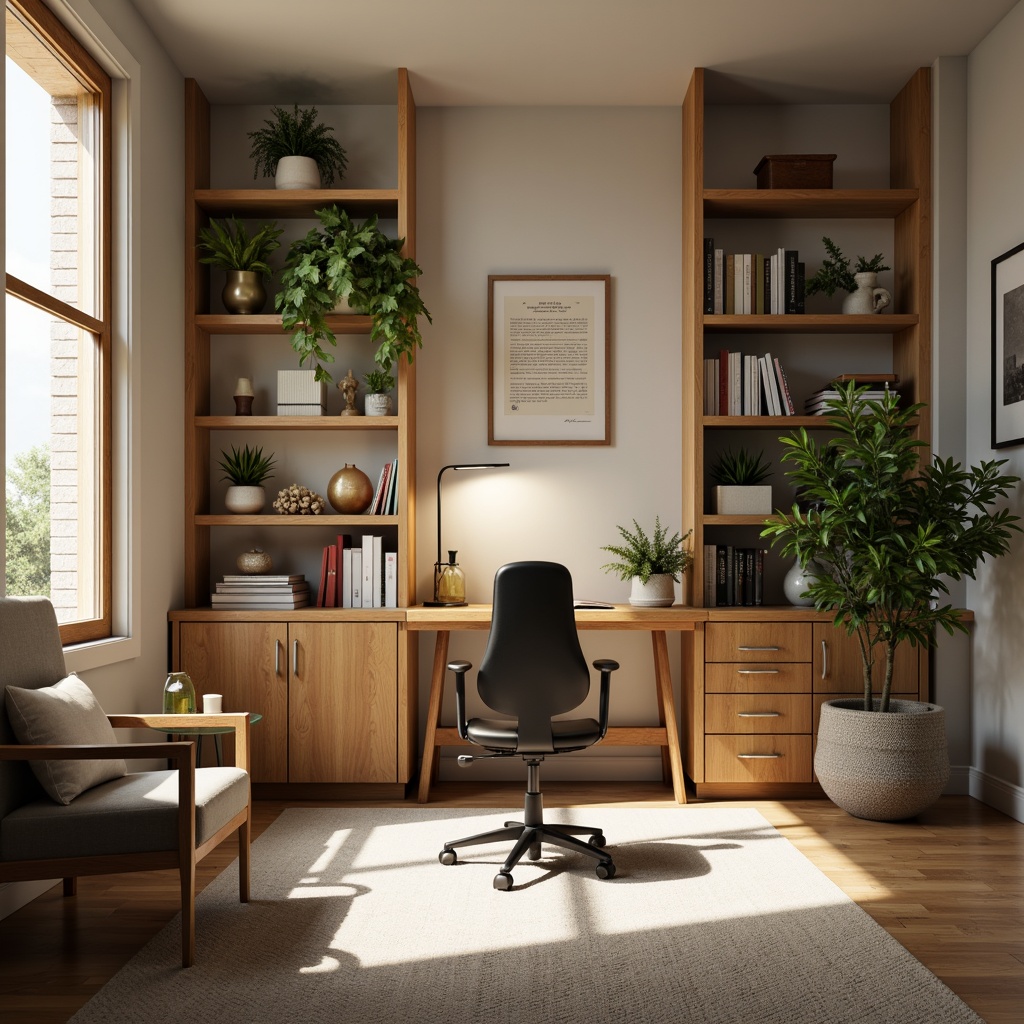 Prompt: Cozy home office, wooden desk, ergonomic chair, floor lamp, warm white lighting, softbox shadows, 1/1 composition, shallow depth of field, realistic textures, ambient occlusion, bookshelves, framed certificates, green plants, natural wood accents, minimalist decor, comfortable reading nook, subtle color palette, warm beige tones, soft carpet flooring.