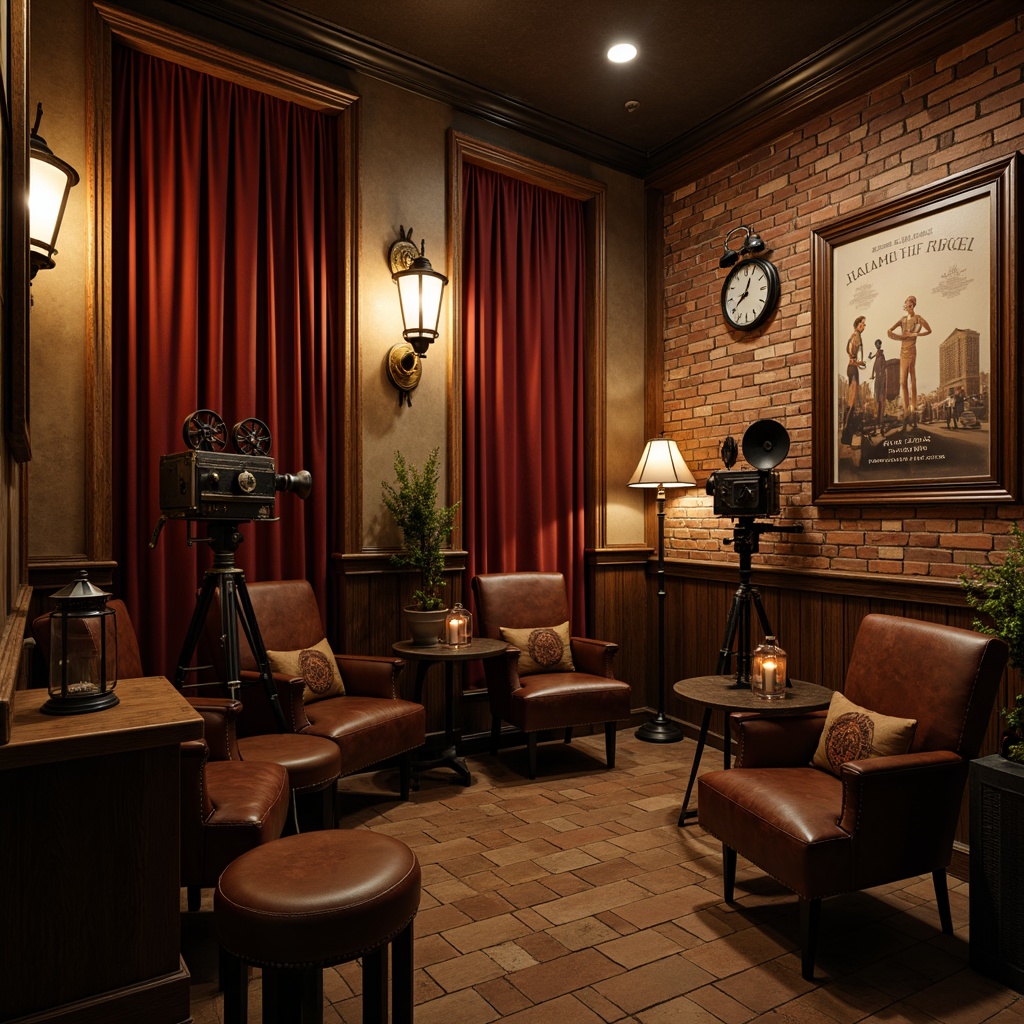 Prompt: Rustic cinema interior, vintage film cameras, distressed wooden accents, worn leather armchairs, ornate metal lanterns, exposed brick walls, earthy color palette, warm dim lighting, plush velvet curtains, antique decorative props, old-fashioned movie posters, classic Hollywood-inspired decor, cozy intimate seating areas, rich wood tones, natural stone floors, soft candlelight, shallow depth of field, 1/2 composition, realistic textures, ambient occlusion.