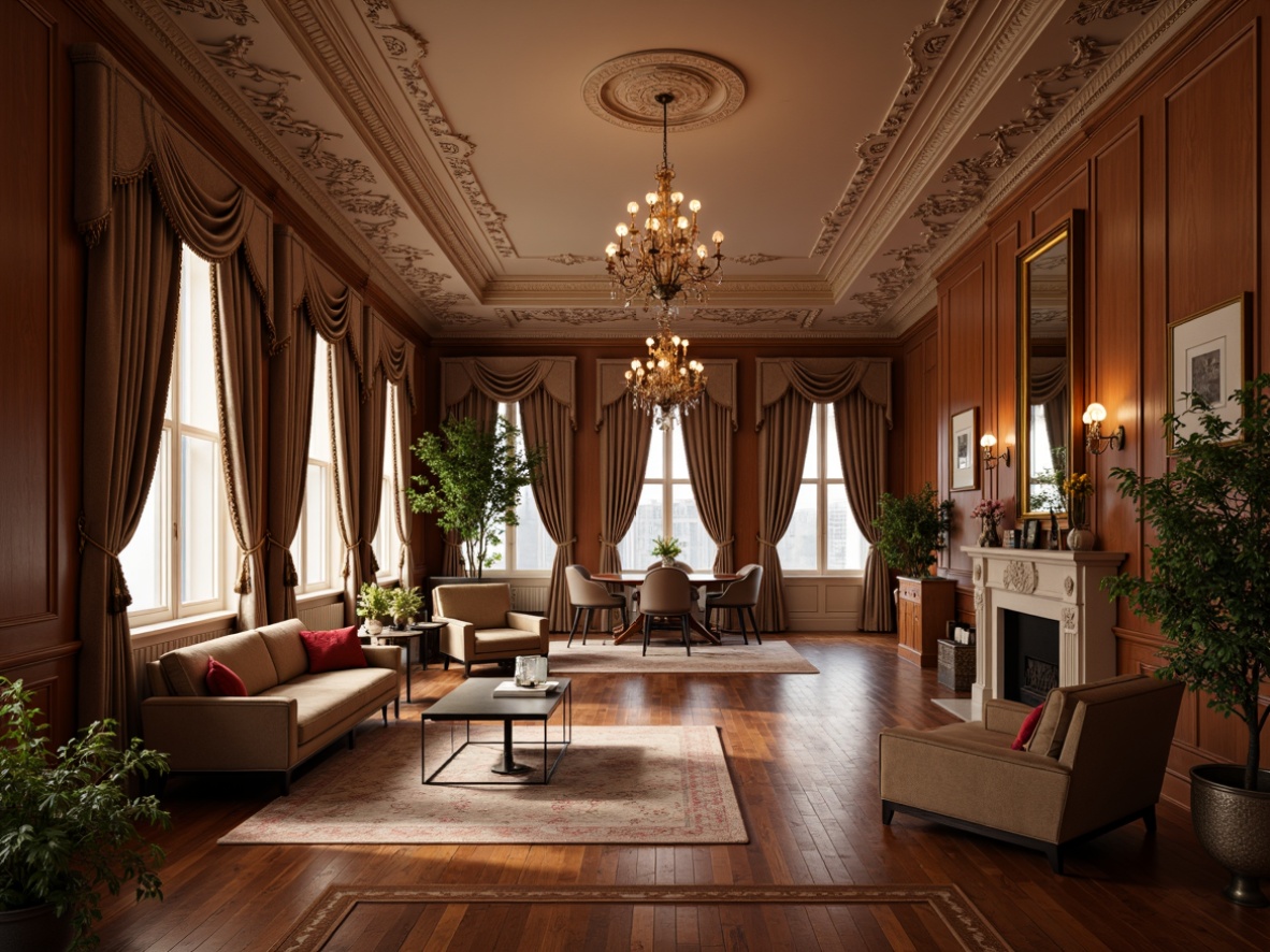 Prompt: Richly polished hardwood floors, warm walnut wood tone, ornate crown molding, elegant chandeliers, luxurious velvet drapes, classic furniture pieces, refined neutral color palette, sophisticated ambiance, soft warm lighting, shallow depth of field, 1/1 composition, realistic textures, ambient occlusion.