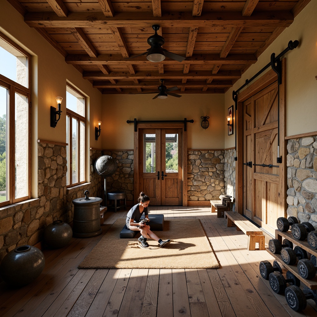 Prompt: Rich wood paneling, rustic stone walls, warm beige paint, classic athletic equipment, vintage dumbbells, distressed wooden floors, reclaimed barn doors, ornate metal fixtures, soft warm lighting, shallow depth of field, 3/4 composition, natural textures, ambient occlusion, cozy intimate atmosphere, traditional home gym setting.