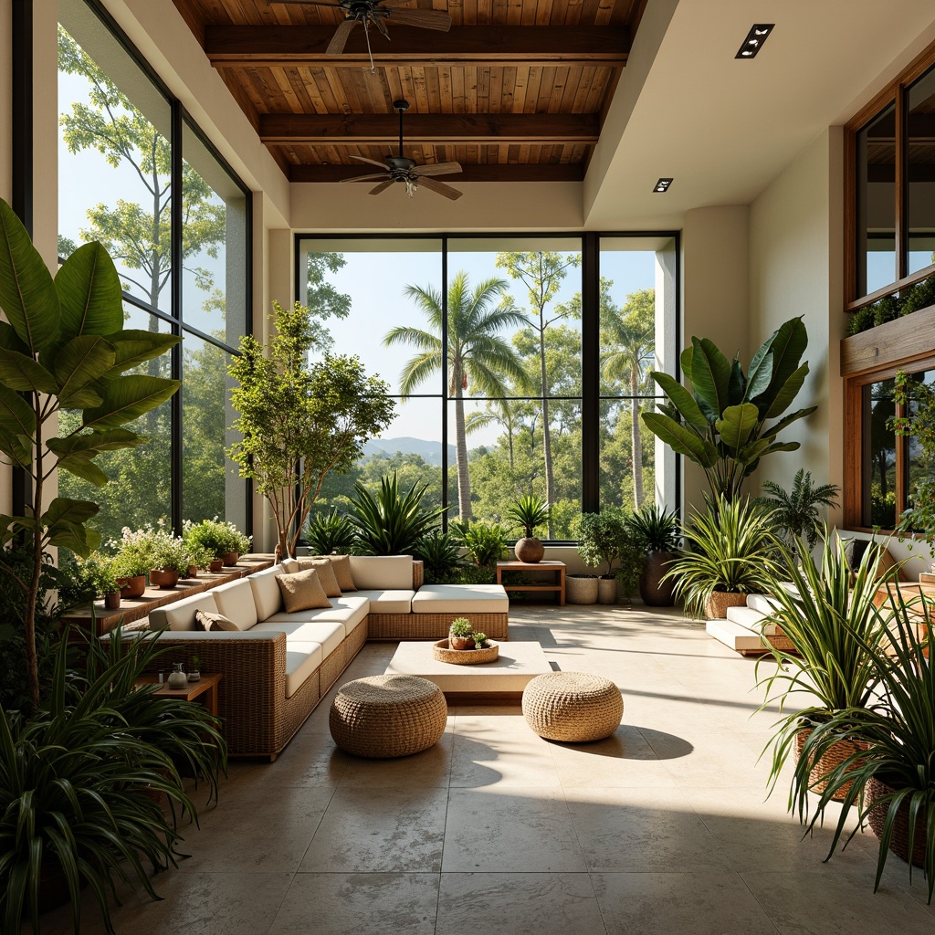 Prompt: Calming interior space, lush greenery, various potted plants, natural wood accents, woven bamboo furniture, soft diffused lighting, warm beige tones, comfortable seating areas, gentle water features, serene ambiance, peaceful atmosphere, organic shapes, earthy textures, calming color palette, minimalist decor, tranquil retreat, floor-to-ceiling windows, abundant natural light, subtle fragrance, air-purifying plants, rejuvenating environment.