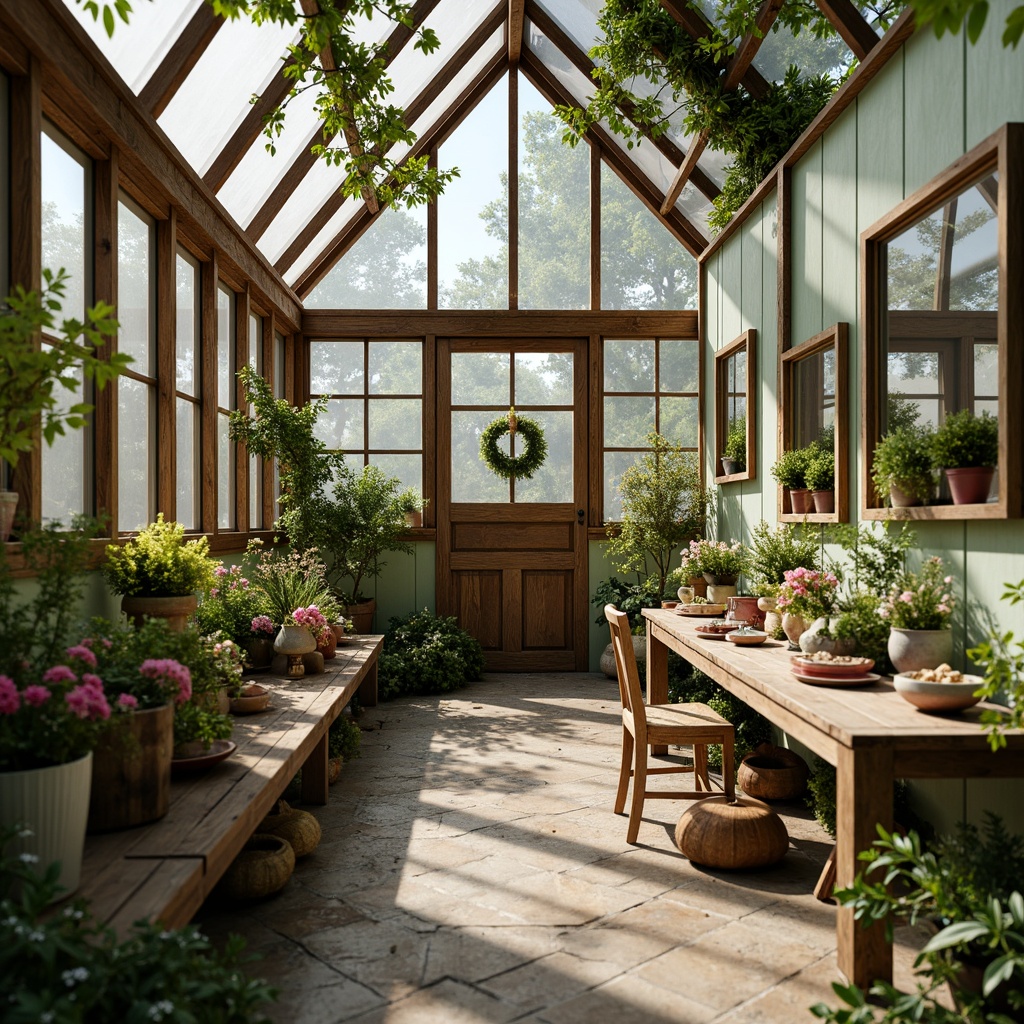 Prompt: Whimsical greenhouse, distressed wood accents, vintage metal frames, soft sage walls, muted moss tones, weathered stone floors, ornate ironwork details, delicate florals, pastel-hued ceramics, lace curtains, rustic wooden planters, lush greenery, natural light filtering, warm golden lighting, shallow depth of field, 1/2 composition, intimate atmosphere, romantic ambiance.