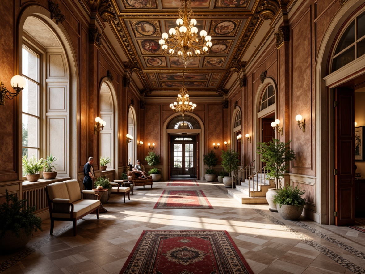 Prompt: Luxurious museum interior, Renaissance-inspired decor, ornate fresco ceilings, grand chandeliers, polished marble floors, intricate inlays, ornamental borders, decorative medallions, lavish rugs, rich wood paneling, elegant stone archways, dramatic staircases, sophisticated color palette, warm golden lighting, soft focus, atmospheric perspective, 1/2 composition, high-contrast rendering.