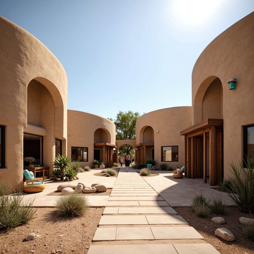 Prompt: Adobe earth-toned buildings, curved lines, natural stone walls, wooden accents, vibrant turquoise decorations, spacious open plazas, desert landscaping, succulent plants, sandy walkways, warm sunny days, soft diffused lighting, shallow depth of field, 3/4 composition, panoramic view, realistic textures, ambient occlusion, modern Southwestern architecture, large windows, glass doors, stucco finishes, rustic metal details, cozy seating areas, cultural exhibition displays, interactive installations, traditional Native American patterns, colorful woven textiles, geometric motifs.