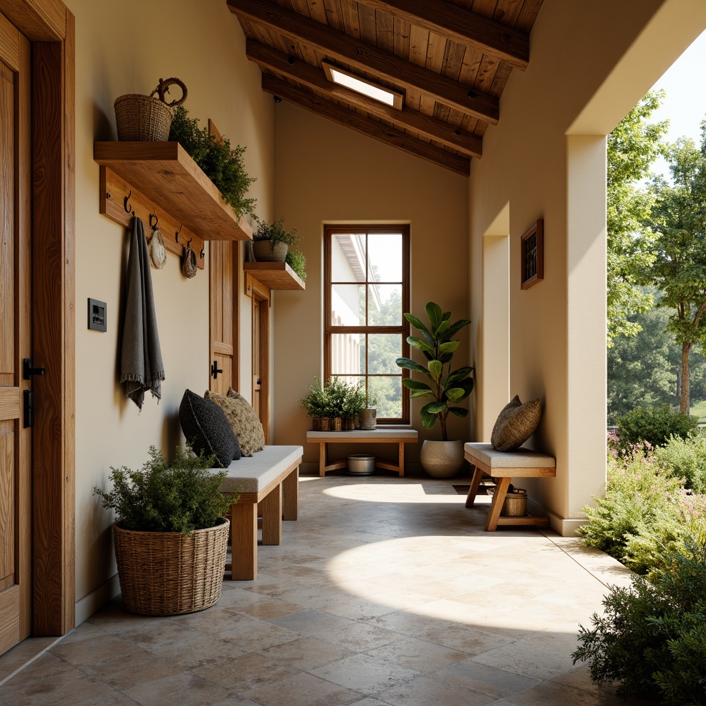 Prompt: Cozy mudroom, earthy tones, warm beige walls, rich wood accents, natural stone flooring, woven baskets, rustic metal hooks, vibrant greenery, sunny day, soft warm lighting, shallow depth of field, 3/4 composition, realistic textures, ambient occlusion.