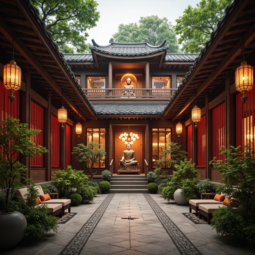 Prompt: Intricate Oriental carvings, warm golden lighting, soft lantern glow, majestic Buddha statues, ornate wooden furnishings, vibrant red accents, serene natural surroundings, lush greenery, gentle mist, subtle warm color palette, softbox lights, realistic candlelight effects, warm ambient occlusion, 1/1 composition, symmetrical architecture, elegant curves, grand entrance gates, peaceful courtyard spaces, traditional Asian roof tiles, rustic wooden doors, delicate paper lanterns, subtle incense smoke.