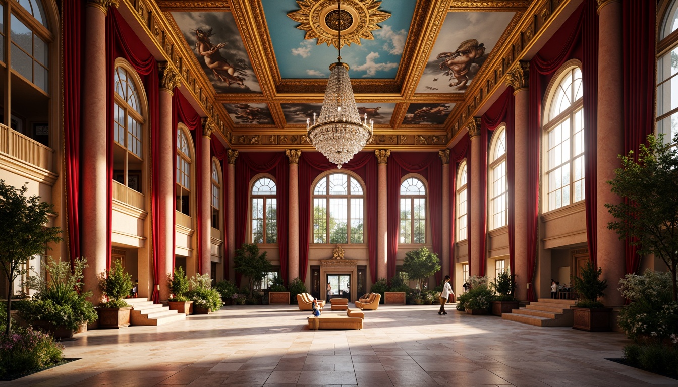 Prompt: Grandiose gymnasium, ornate architectural details, rich golden accents, velvety red curtains, polished marble floors, intricate fresco ceilings, majestic crystal chandeliers, lavish greenery, vibrant sporty hues, energetic lighting, dramatic shadows, 3/4 composition, symmetrical framing, realistic textures, ambient occlusion.