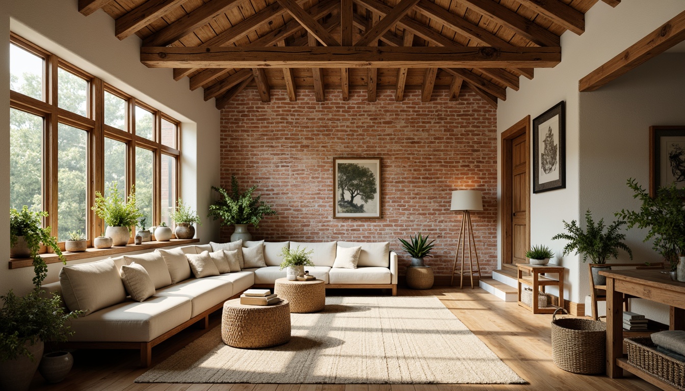 Prompt: Rustic farmhouse interior, vintage wooden beams, distressed brick walls, earthy tone color scheme, warm beige accents, soft sage green hues, creamy whites, weathered metal decorations, reclaimed wood furniture, natural linen textiles, woven baskets, potted plants, abundant natural light, soft warm glow, shallow depth of field, 1/1 composition, realistic textures, ambient occlusion.