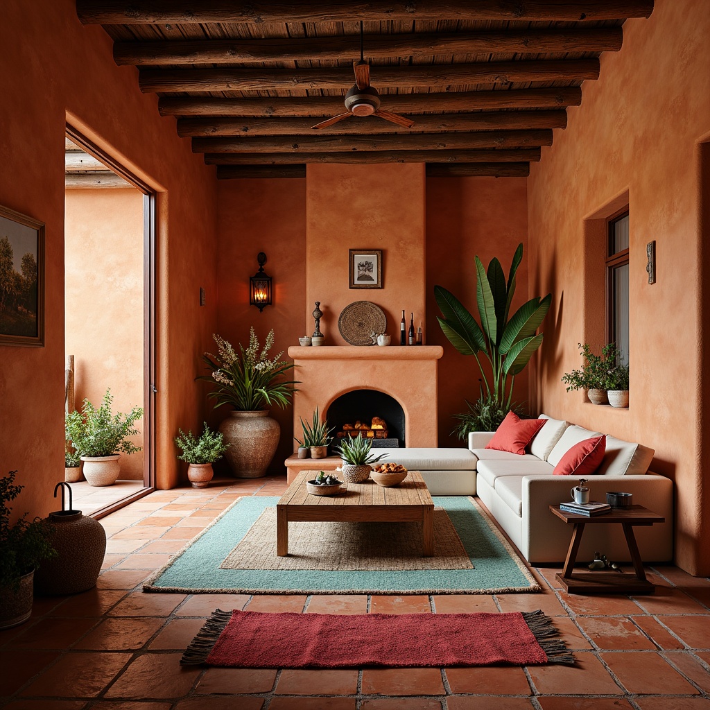 Prompt: Warm and inviting Southwestern-style living room, earthy terracotta flooring, rustic wooden accents, vibrant turquoise and coral hues, woven textiles, natural fiber rugs, pendant lanterns, table lamps, warm soft lighting, cozy ambiance, dramatic shadows, 3/4 composition, shallow depth of field, realistic textures, ambient occlusion.