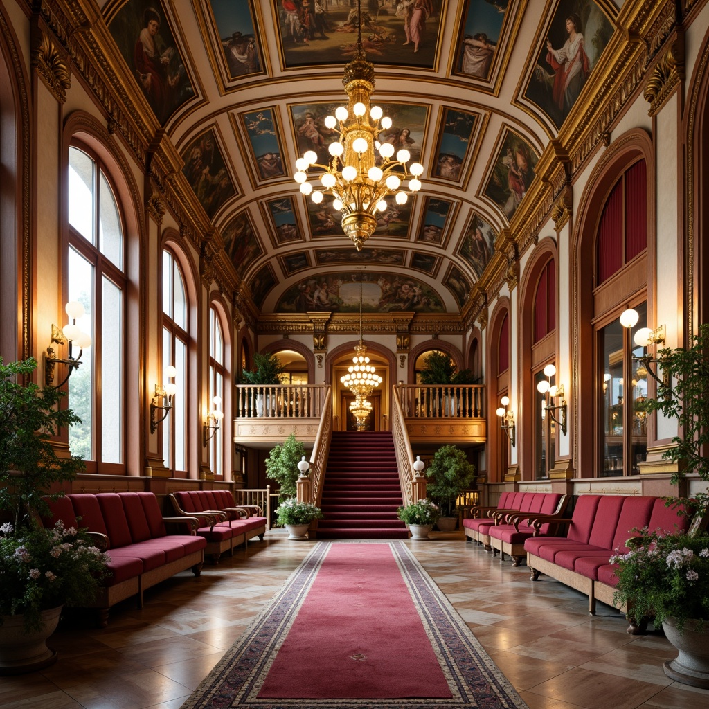 Prompt: Opulent train station, grandiose entrance halls, intricate ornate details, gilded moldings, lavish chandeliers, delicate frescoes, curved staircases, ornamental railings, luxurious velvet upholstery, polished marble floors, intricately carved wooden panels, lavish flower arrangements, soft warm lighting, shallow depth of field, 1/1 composition, realistic textures, ambient occlusion.