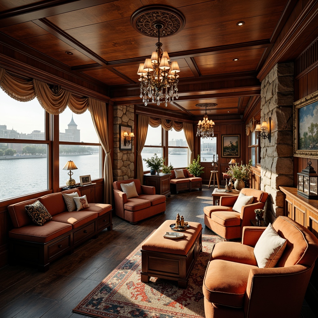 Prompt: Elegant boathouse interior, rich wood accents, ornate Victorian details, intricate moldings, plush velvet furniture, luxurious fabrics, warm golden lighting, crystal chandeliers, bronze sconces, nautical-themed decor, vintage marine artifacts, distressed wooden floors, rustic stone walls, cozy reading nooks, stunning water views, soft warm glow, shallow depth of field, 1/1 composition, realistic textures, ambient occlusion.