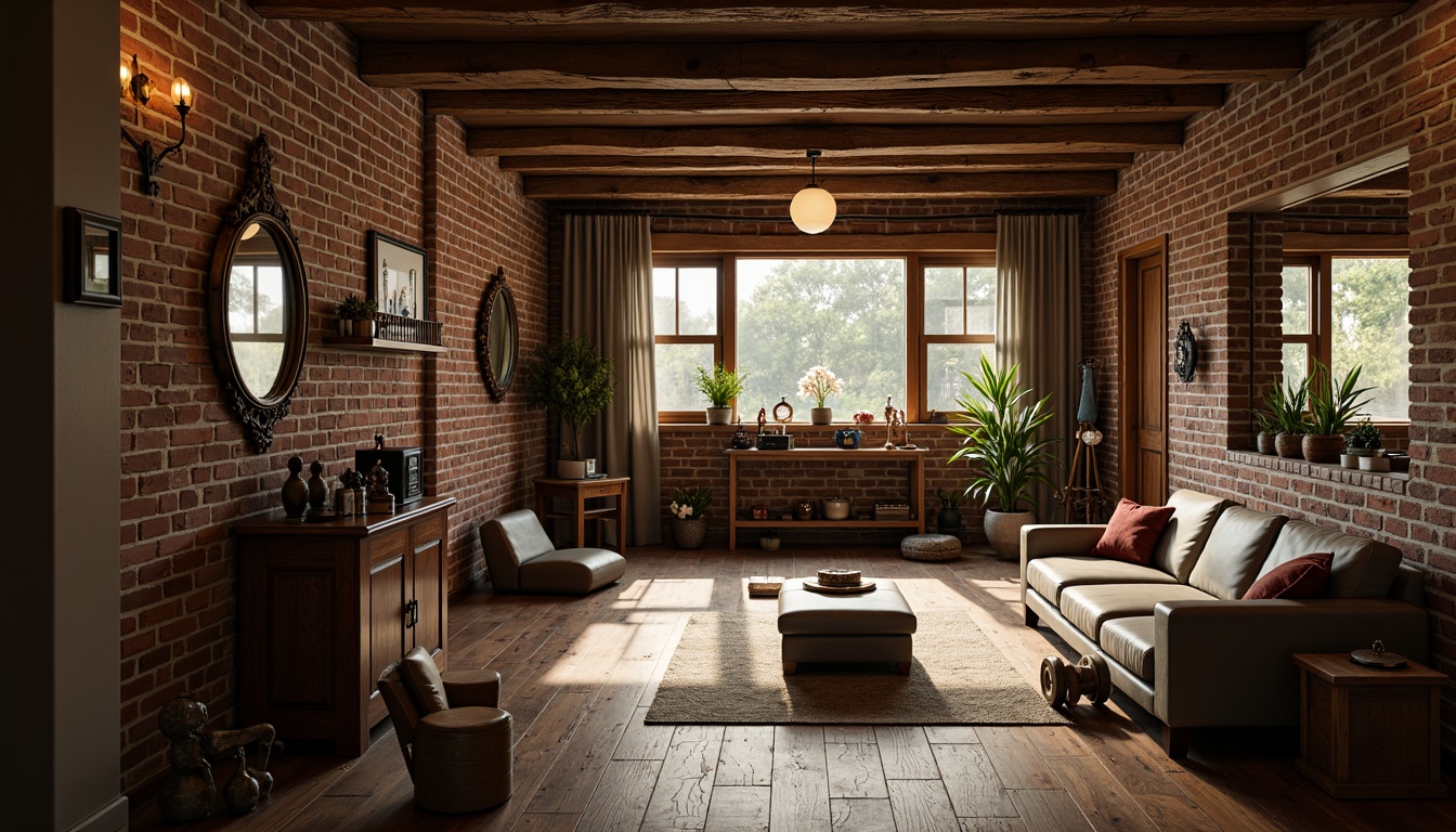 Prompt: Rustic home gym, traditional exercise equipment, wooden flooring, brick walls, vintage dumbbells, leather-bound weights, antique exercise machines, ornate mirrors, rich wood tones, warm lighting, shallow depth of field, 3/4 composition, realistic textures, ambient occlusion, cozy atmosphere, comfortable seating area, natural stone accents, earthy color palette.