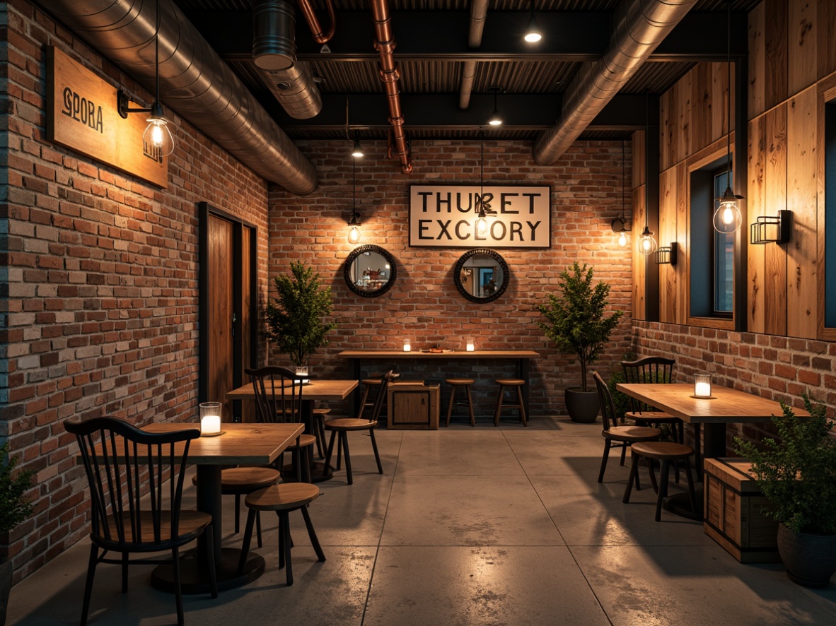 Prompt: Exposed brick walls, distressed wood accents, metal beam ceilings, reclaimed wood furniture, vintage industrial lighting, Edison bulbs, wrought iron decorations, galvanized steel fixtures, copper pipes, rustic wooden crates, earthy color palette, warm ambient lighting, soft focus, shallow depth of field, 2/3 composition, realistic textures, ambient occlusion.