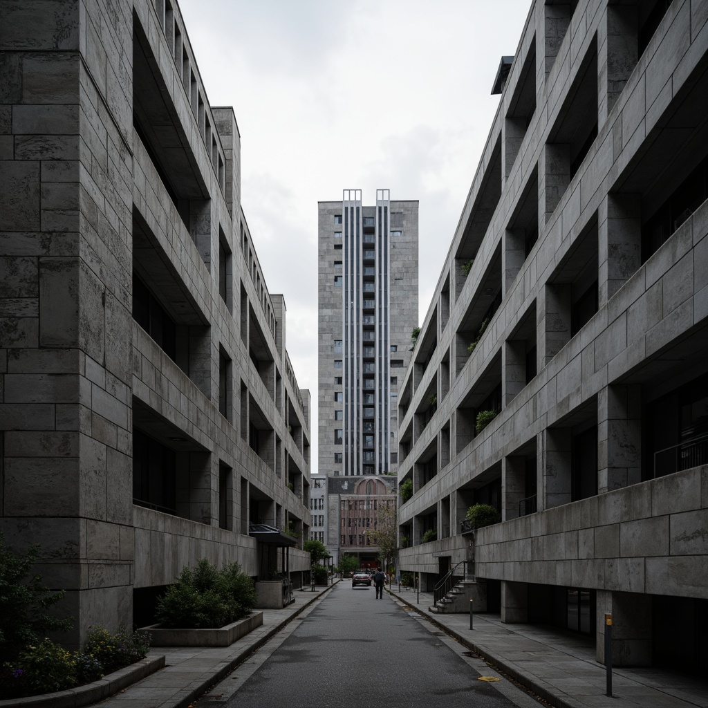 Prompt: Rugged brutalist buildings, raw concrete textures, industrial-style pipework, urban cityscape, overcast skies, dramatic shadows, angular lines, monumental scale, open-air atriums, cantilevered roofs, exposed ductwork, functional minimalism, harsh artificial lighting, bold geometric forms, monochromatic color scheme, cold atmospheric ambiance, 1/1 composition, high contrast ratio, gritty realistic textures.