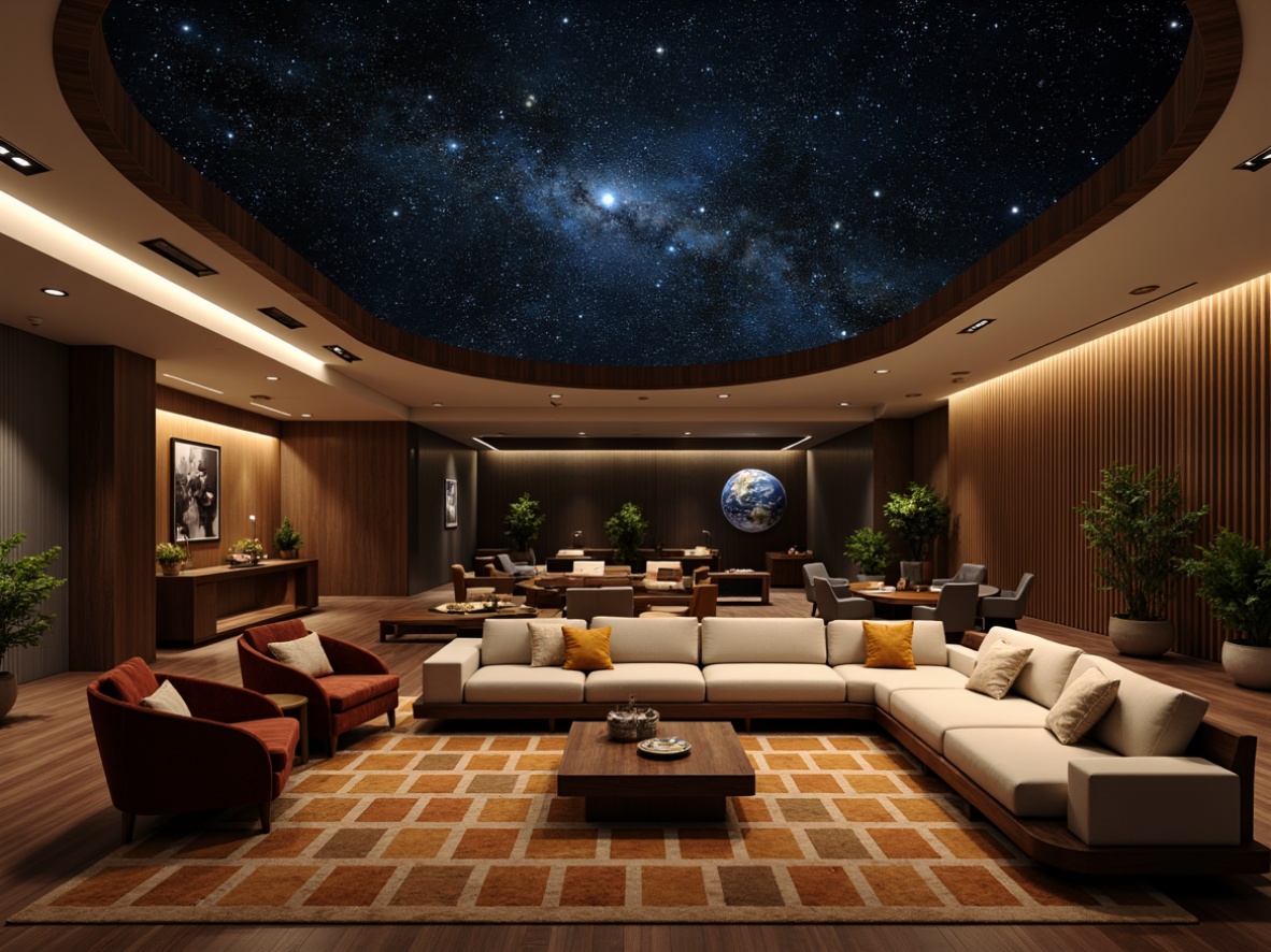 Prompt: Celestial planetarium, starry night sky, mid-century modern furniture, sleek low-profile sofas, tufted velvet armchairs, wooden coffee tables, geometric patterned rugs, brass accent lighting, retro-futuristic decor, constellation-inspired wall art, rounded edges, minimal ornamentation, earthy tone color palette, warm cozy ambiance, softbox lighting, 1/1 composition, realistic wood textures, subtle ambient occlusion.