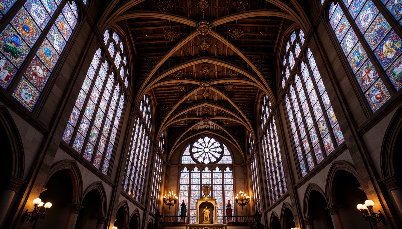 Prompt: Vibrant stained glass windows, intricate Gothic arches, ornate stone carvings, grand cathedral ceilings, richly colored patterns, spiritual ambiance, dimly lit corridors, ornamental metalwork, elaborate frescoes, mystical symbolism, sacred geometry, divine lighting, dramatic shadows, 1/1 composition, high-angle shot, warm color palette, ambient occlusion.