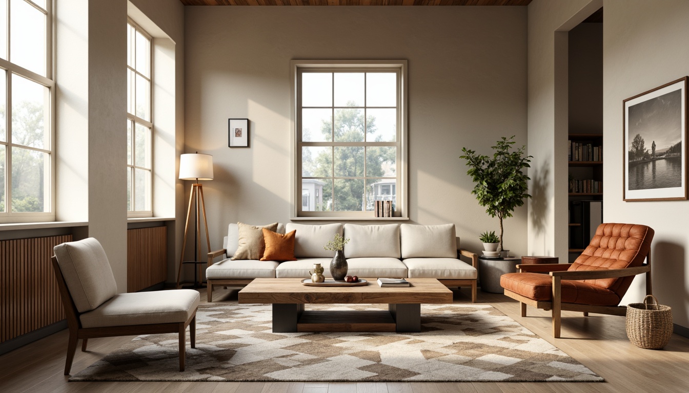 Prompt: Mid-century modern living room, sleek low-profile sofa, tufted velvet armchair, reclaimed wood coffee table, minimalist metal floor lamp, geometric patterned rug, neutral beige walls, large windows, natural light pouring in, subtle warm lighting, 3/4 composition, shallow depth of field, realistic textures, ambient occlusion.Let me know if you'd like me to make any adjustments!