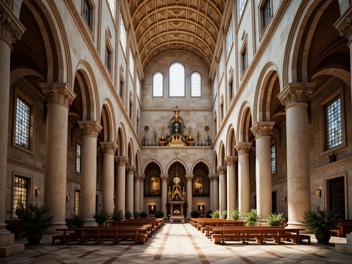 Prompt: Grand cathedral, symmetrical facade, ornate stone carvings, classical columns, domed roof, stained glass windows, intricate mosaics, gilded accents, sacred sculptures, solemn atmosphere, soft natural light, warm golden tones, shallow depth of field, central axis composition, perfect bilateral symmetry, rich textures, ambient occlusion.