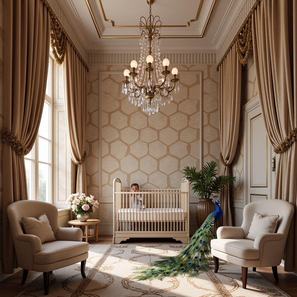 Prompt: Luxurious nursery, rich velvet fabrics, ornate metallic threads, soft pastel hues, geometric patterns, chevron designs, hexagonal motifs, glamorous satin drapes, crystal chandeliers, vintage-inspired furniture, curved lines, opulent florals, majestic peacocks, subtle sheen, low-contrast colors, gentle ambiance, warm golden lighting, shallow depth of field, 1/2 composition, soft focus, romantic textures.