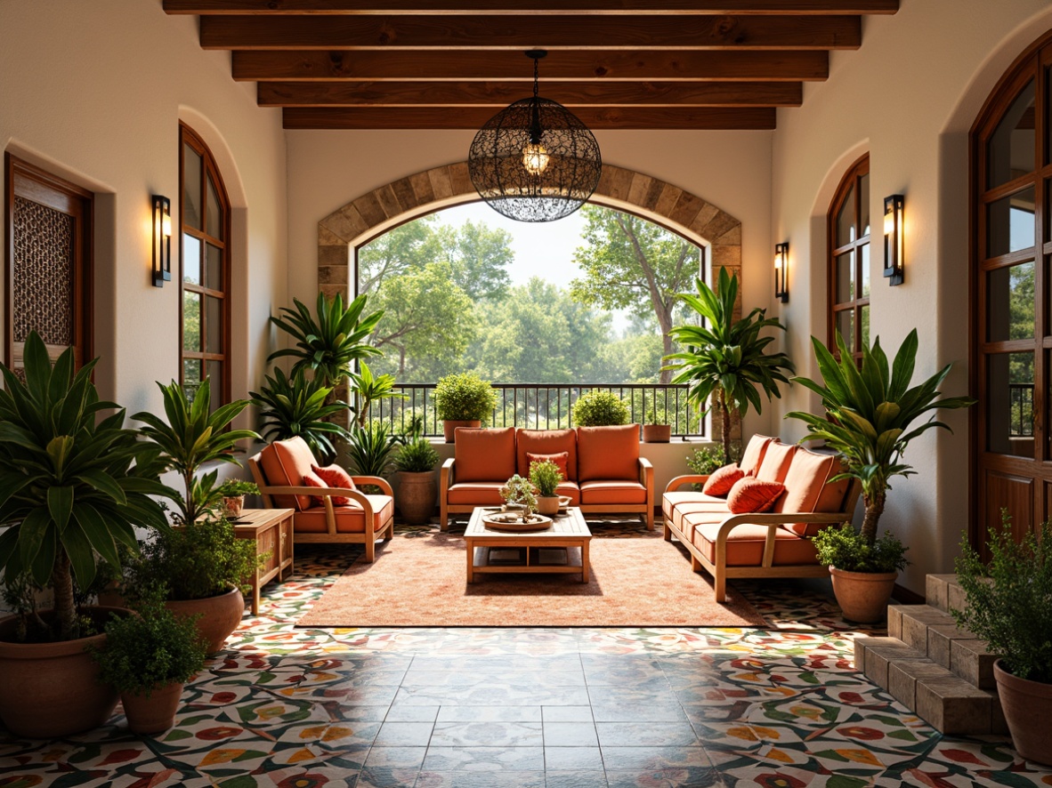 Prompt: Vibrant sunroom, warm natural light, stylish tile patterns, hexagonal shapes, geometric motifs, Moroccan-inspired designs, bright colorful hues, glazed ceramic tiles, textured glass mosaics, subtle sheen, Mediterranean-style furniture, plush cushions, lush greenery, potted plants, natural stone walls, wooden accents, elegant chandeliers, soft warm lighting, shallow depth of field, 3/4 composition, panoramic view, realistic textures, ambient occlusion.