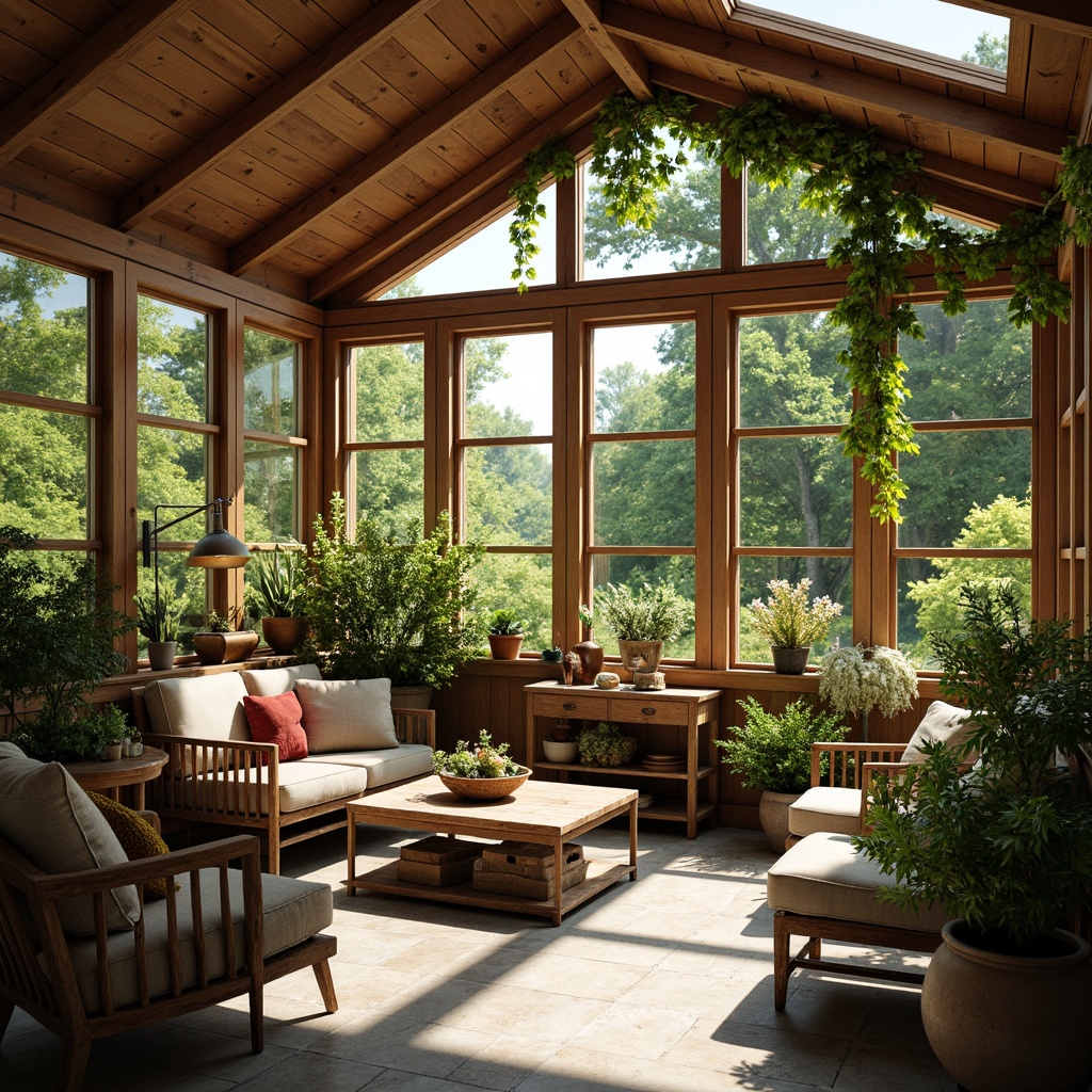 Prompt: Cozy sunroom, farmhouse style, natural light pouring in, wooden beams, rustic charm, lush greenery, potted plants, distressed wood furniture, vintage decor, earthy color palette, stone flooring, large windows, sliding glass doors, clerestory windows, skylights, warm soft lighting, afternoon glow, shallow depth of field, 1/1 composition, intimate atmosphere, realistic textures, ambient occlusion.